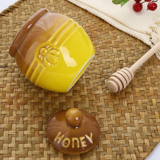 350ml Ceramic Honey Jar Farmhouse Honey Pot with Wood Honey Dipper Stick Retro