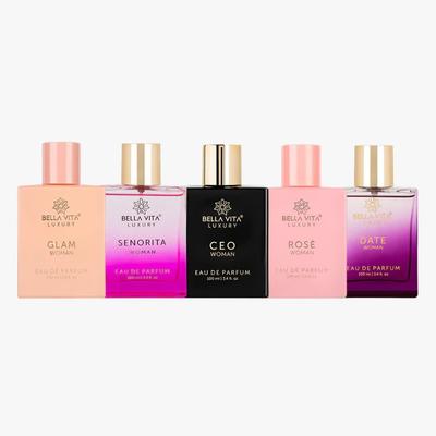 Bella Vita Luxury Everready Women Perfume Combo, 5 Premium Long Lasting Fragrance of Rose, Glam, Senorita, Date, CEO Woman Scent, 100 Ml Each