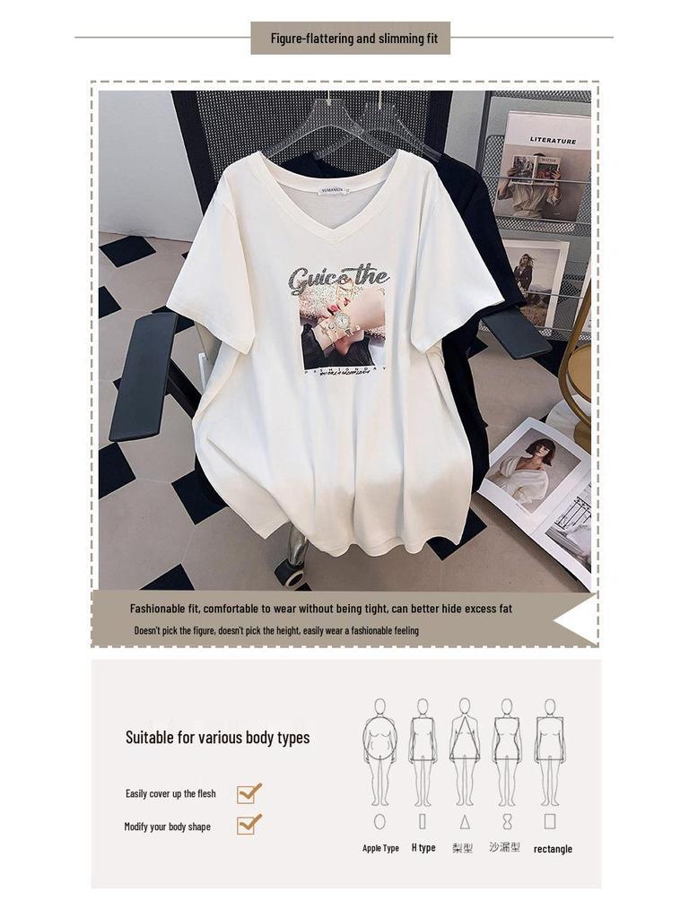 Women's Plus Size V-Neck Short-Sleeve Loose T-Shirt (Mid-Length, 200-350 Jin)