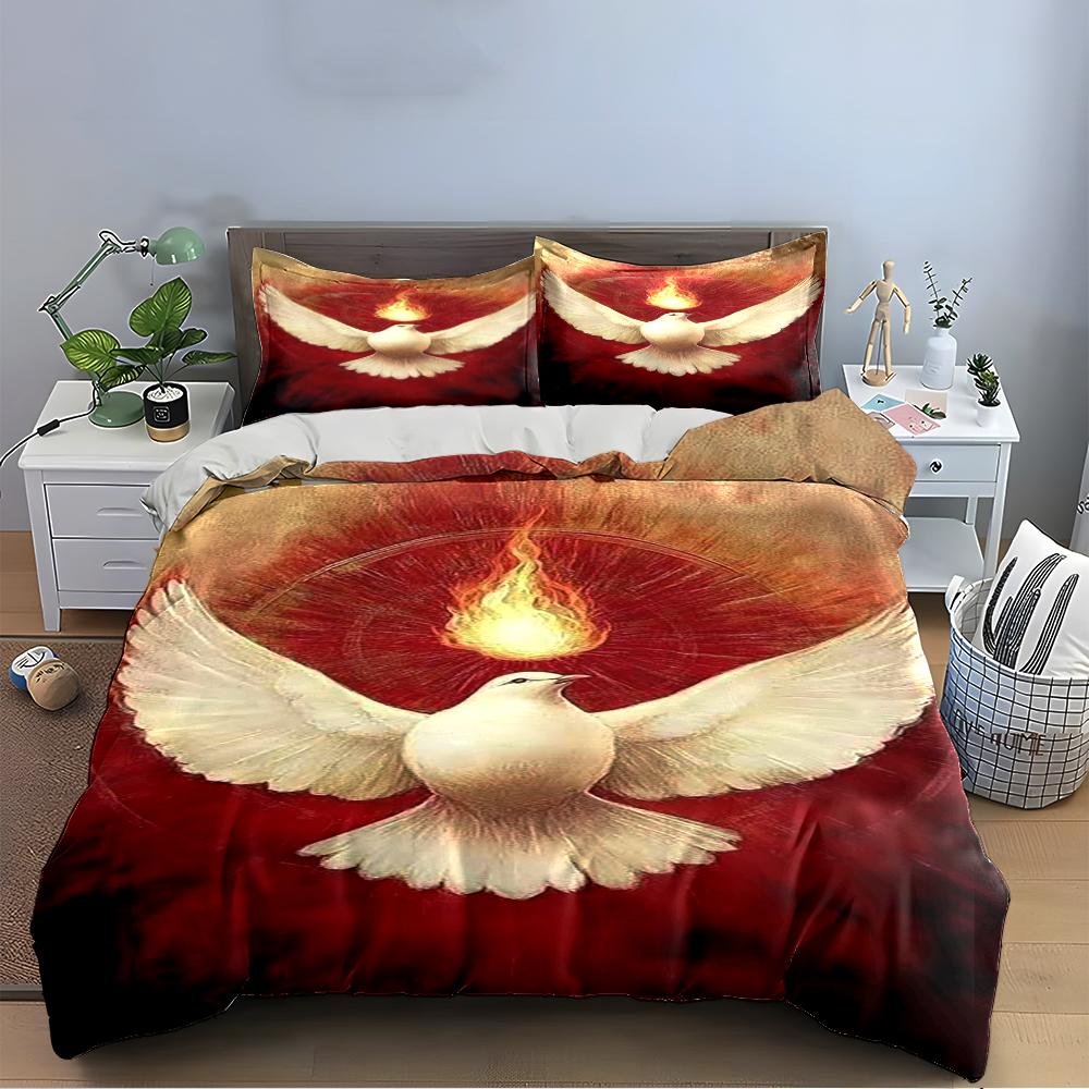 White Dove with Flame on Red Background Bedding set (1 duvet cover, 2 pillowcases, duvet not included)