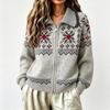Fair Isle Knit Cardigan With Zipper Collar Loose Fit Winter Sweater Women