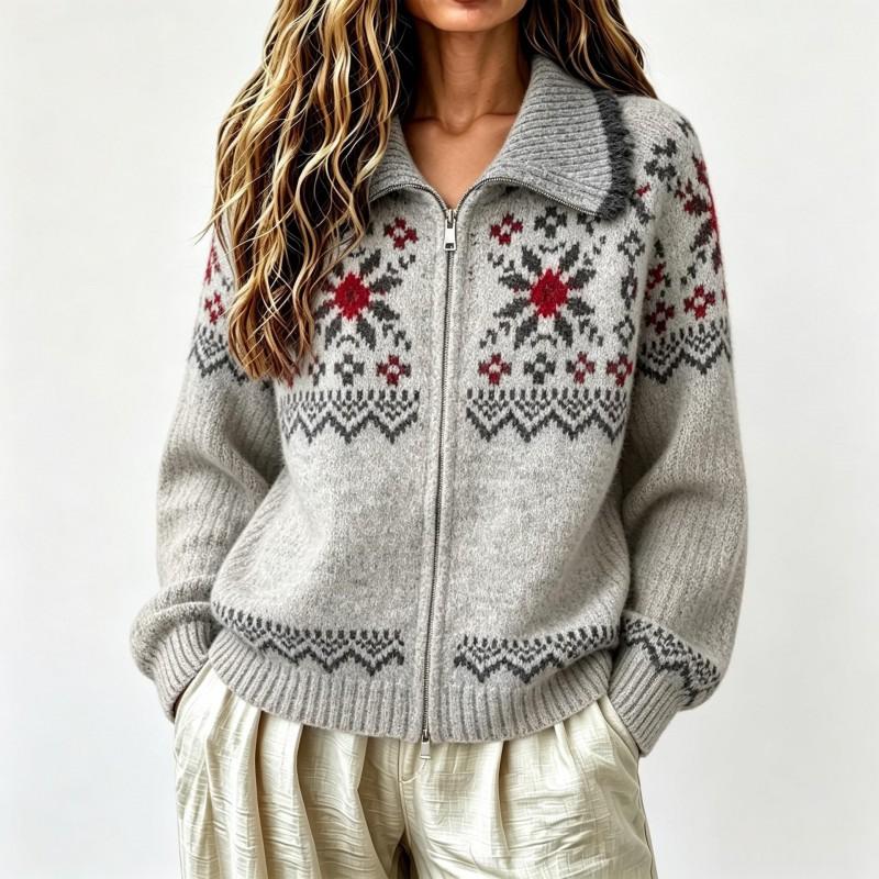 Fair Isle Knit Cardigan With Zipper Collar Loose Fit Winter Sweater Women