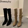 Vintage Pleated Woman Knee High Boot Elegant Low Heel Autumn Winter Shoes Ladies Pointed Toe Knight Long Booties