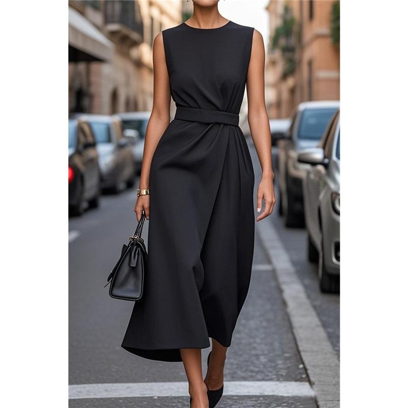 Vestido Casual Largo de Color Sólido sin Mangas con Cuello Redondo para Mujer