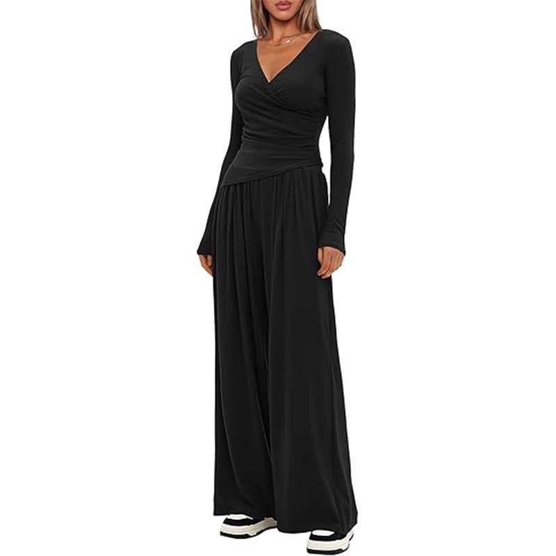 Solid Color V-Neck Knit 2-Piece Set: Long Sleeve Top & Wide Leg Pants