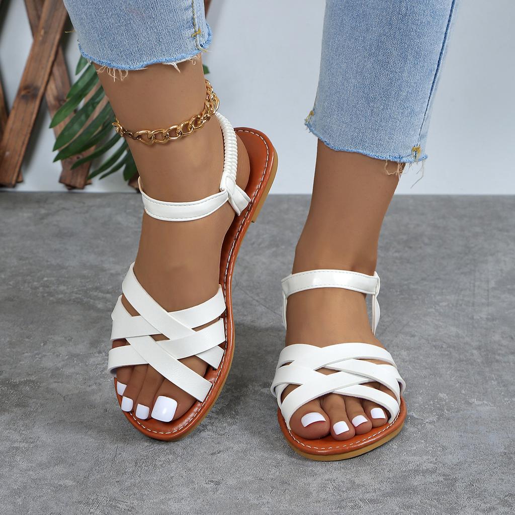 2025 Foreign Trade European and American Models Large Size Flat Bottom One Word Cross Elastic Band Casual Large Size Beach Sandals Sandals