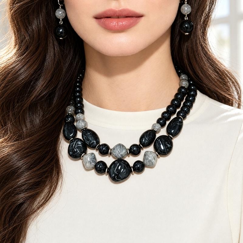 Beaded Necklace with Coordinated Drop Earrings, Double-Strand Layering, and Irregular Acrylic Beads Jewelry Set