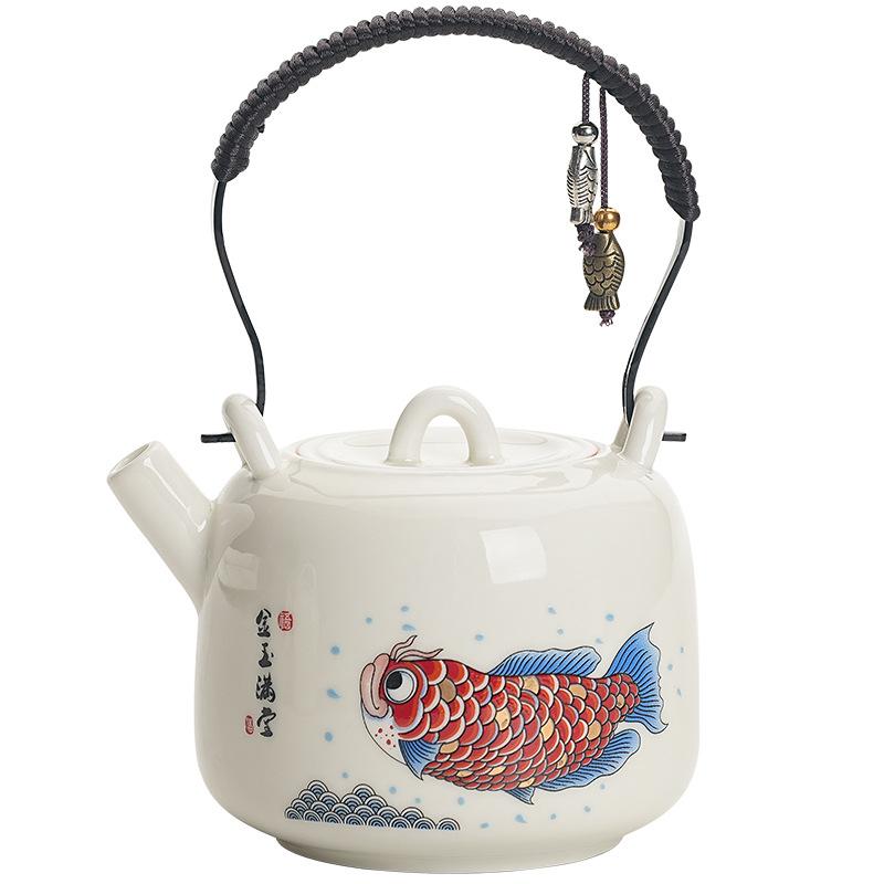 Plant Ash Goldfish Full Hall All-ceramic Beam Pot Household Chinese Teapot Kung Fu Tea Set One Pot and Two Cups