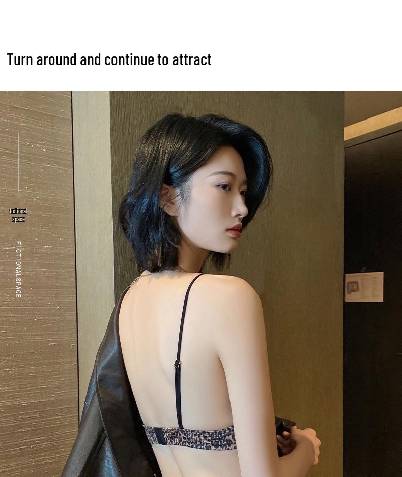 Leopard Print Wire-Free Deep V Lingerie Set - Women's Sexy Triangle Cup Spaghetti Strap Bra