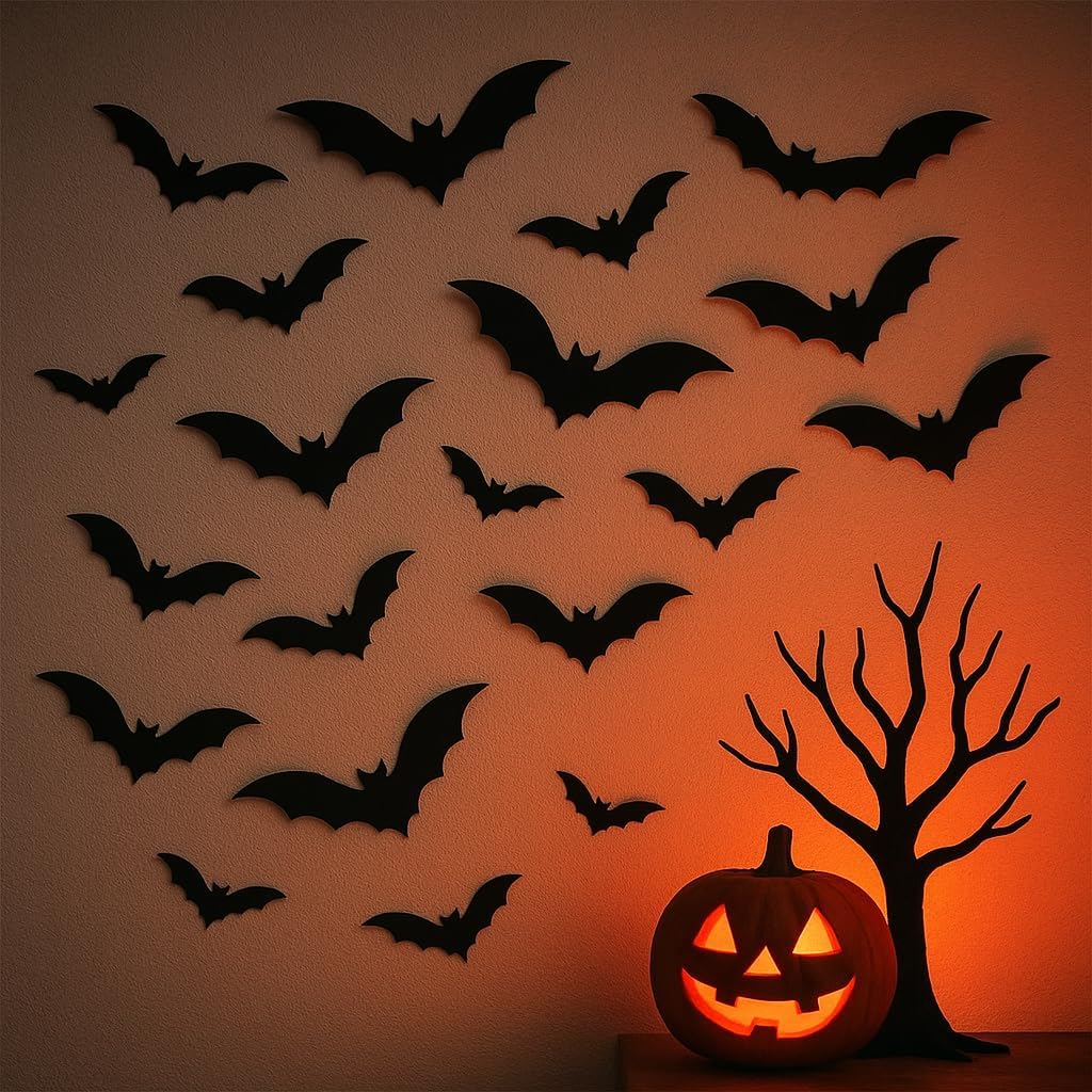 120 Pcs Halloween Bats Wall Decor - Realistic 3D Bats Halloween Wall Decorations - 4 Different Sizes Durable Bat Stickers for Room, Lawn, Window
