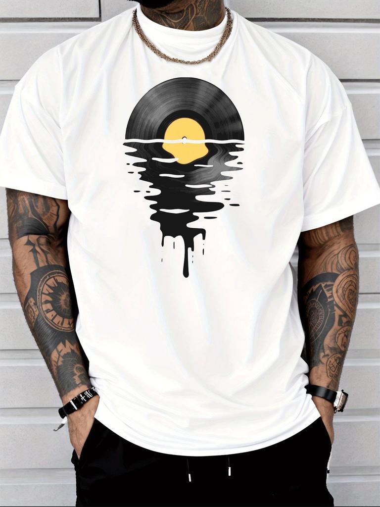 Unisex White Crew Neck Tee Vinyl Record Water Reflection Print Loose Oversized Short Sleeve Unisexs Streetwear Summer Casual Basic Top