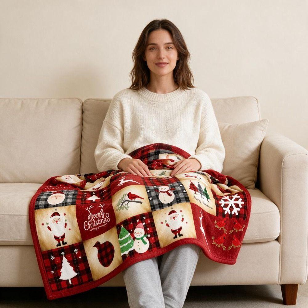 Flannel Single Throw Blanket Santa Claus Snowman Sofa Throw Portable Nap Blanket Holiday