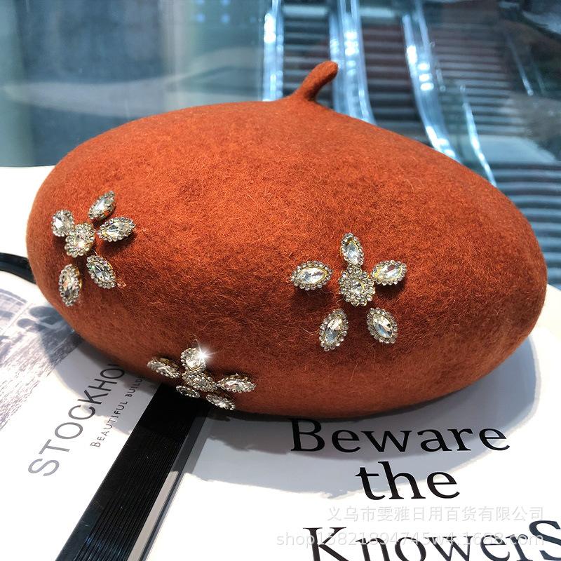 French Beret Woollen Thick Rhinestone Flower Bud Cap Fashion Autumn Octagon Artist Hat Women Painter Caps Headwear