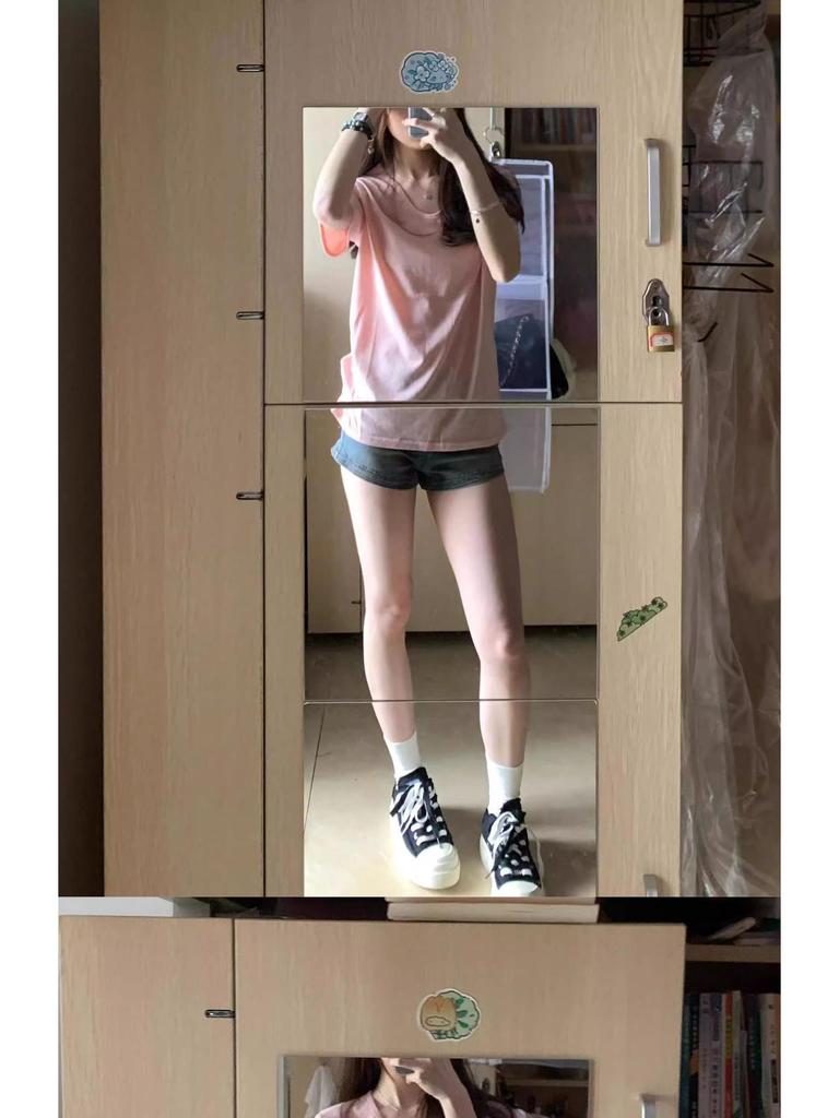 Women's Pink V-Neck Short-Sleeve T-Shirt - Summer 2026 Korean Style, Loose Fit, Slimming, Versatile Plain Color Half-Sleeve Top