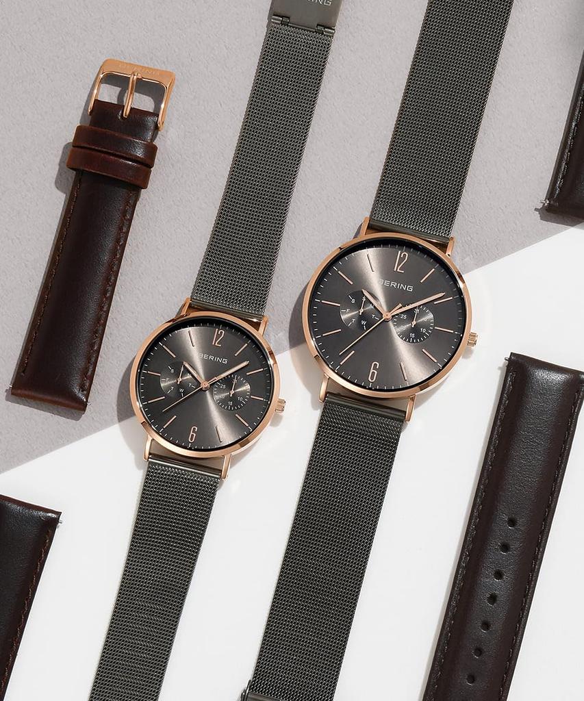 BERING Japan Limited Brown Calf Leather Gray Stainless Steel with 2 Mesh Straps Sapphire Glass Changes Genuine Imported Product 3 Year Warranty