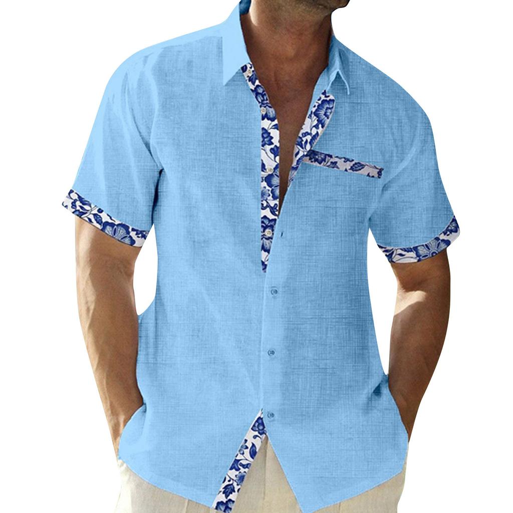 Men's Printed Stitching Design Short Sleeve Button Shirt Men's Casual Fashion Shirt