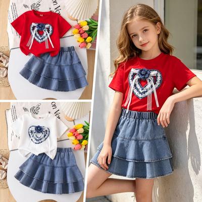 Children's Fashion Set: Summer Girls' Heart-Print T-Shirt + Denim Skirt Set