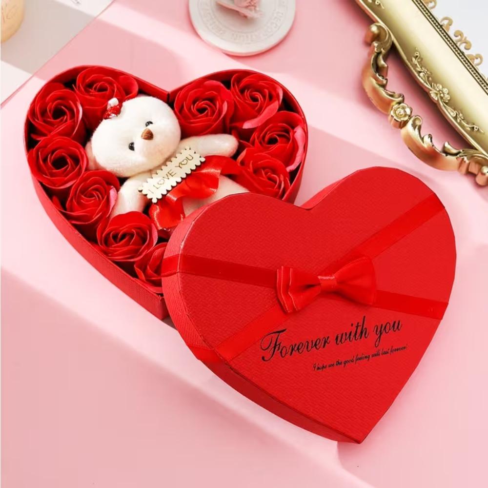 Rose Flower Gift Box with Bear Heart Shape Gift Box for Valentines Day Mothers Day Wedding Home Party Decor Artificial Flowers