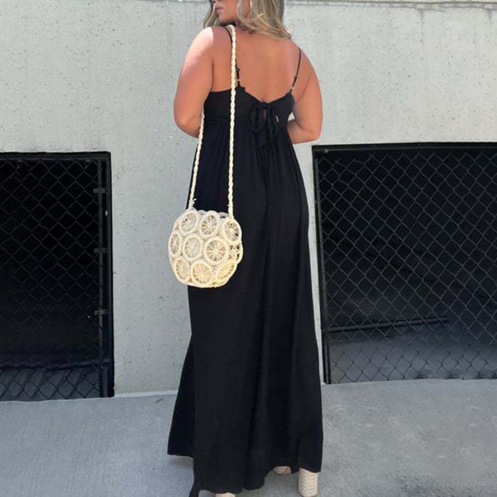 Summer Women Jumpsuit Deep V-Neck Sleeveless Backless Wide Leg Comfortable Fit Pure Color Pleated Spaghetti Strap Leisure Vacation Beach Lo
