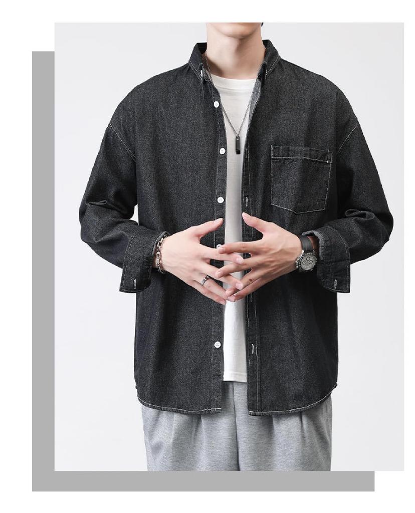 ANONIE Long Sleeve Denim Slim for and Chest Size 2XL Men's Shirt, Fit, Collared, Casual, Spring, Summer, Fall, Lightweight, Pocket, Black,