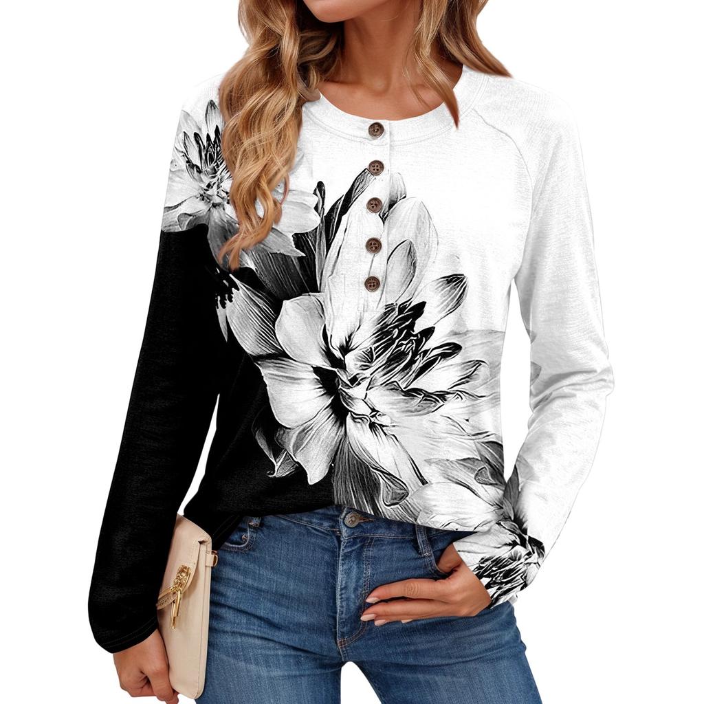 Women's Fashionable Vintage Floral Print Round Neck Long-sleeved Top