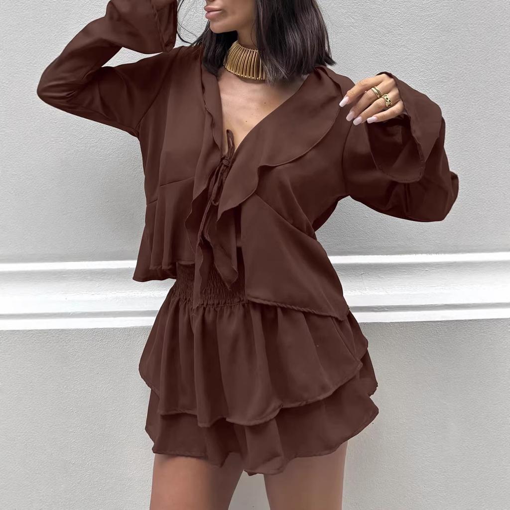 1116 Summer European and American Casual Ruffle Edge Suit New V-neck Long-sleeved Top Short Skirt Two-piece Women's Clothing