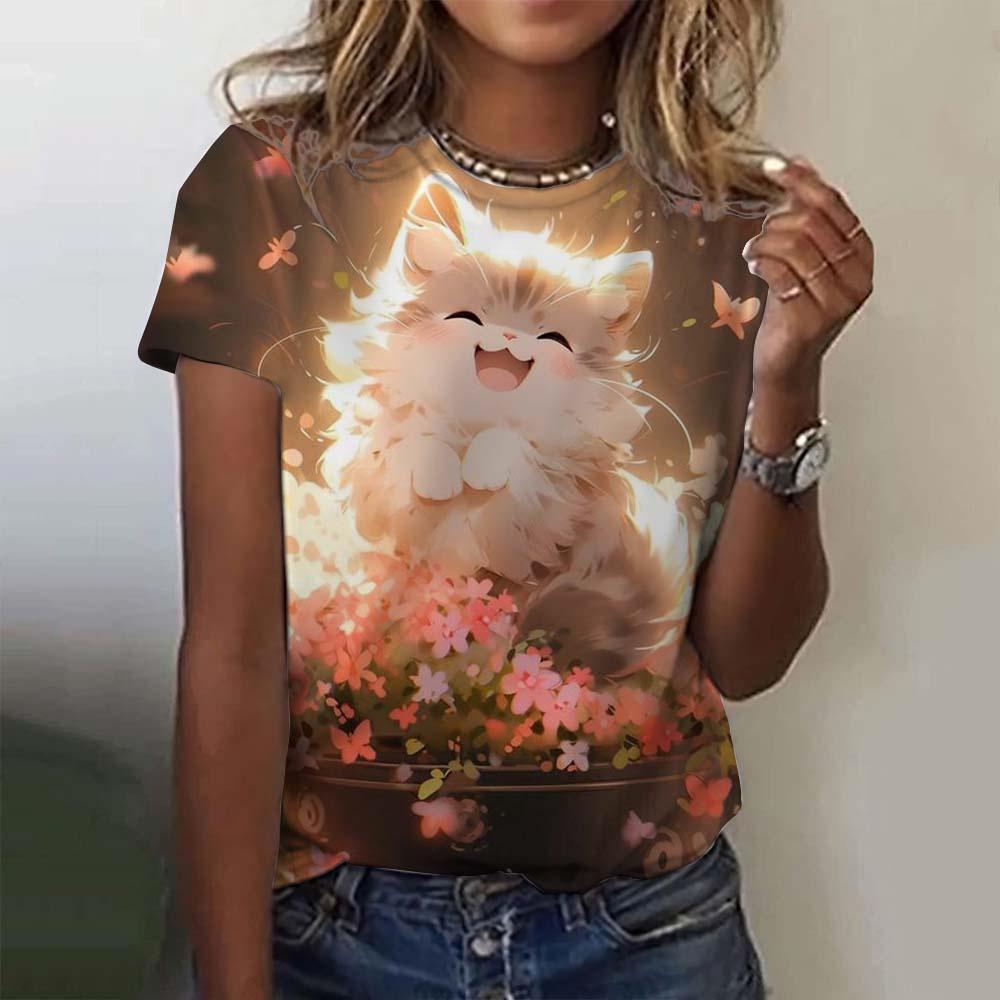 Tricou drăguț cu imprimeu de pisică pentru femei, vară, cu gât rotund, top cu mâneci scurte, ocazional, îmbrăcăminte de dimensiuni mari, Kawaii, animal pentru femei, tricouri