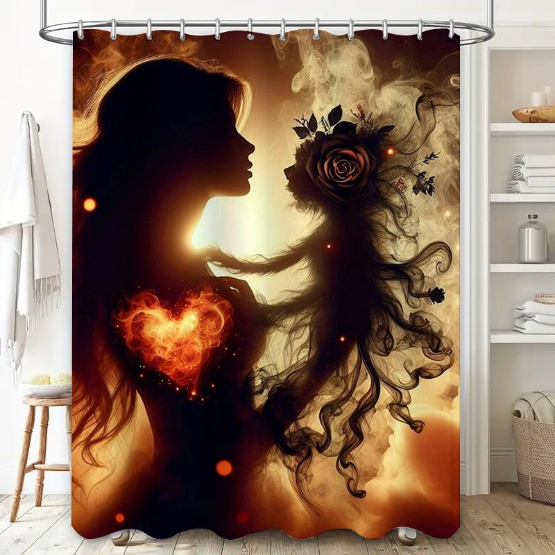 Enchanting Silhouette Women With Glowing Heart - Waterproof, Mildew-Resistant, Machine Washable For Artistic Bathroom Decor