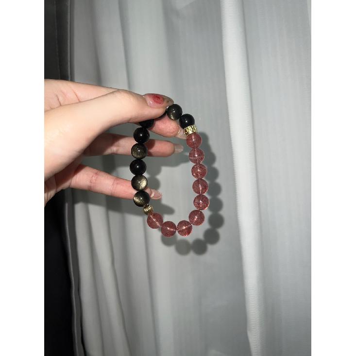 Handmade Natural Rose Quartz Bracelet with Black Obsidian and Strawberry Quartz - Unique Gift