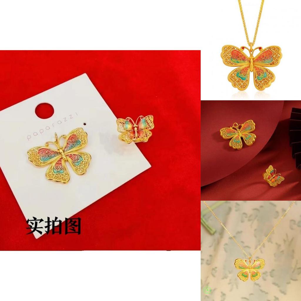 Exquisite Flower Silk Enamel Butterfly Jewelry Set With Necklace And Adjustable Ring