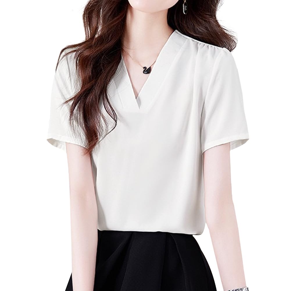 Shirt Short Summer [Sueeya] Women's Blouse, Sleeve, V-Neck, Tuck, Body-Concealing, Slimming, Plain, Stylish, Clean, Versatile, Casual, Formal,