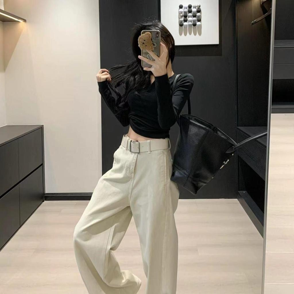 Women's High-Waisted Retro Apricot Wide-Leg Jeans with Loose Drape and Floor-Length Design