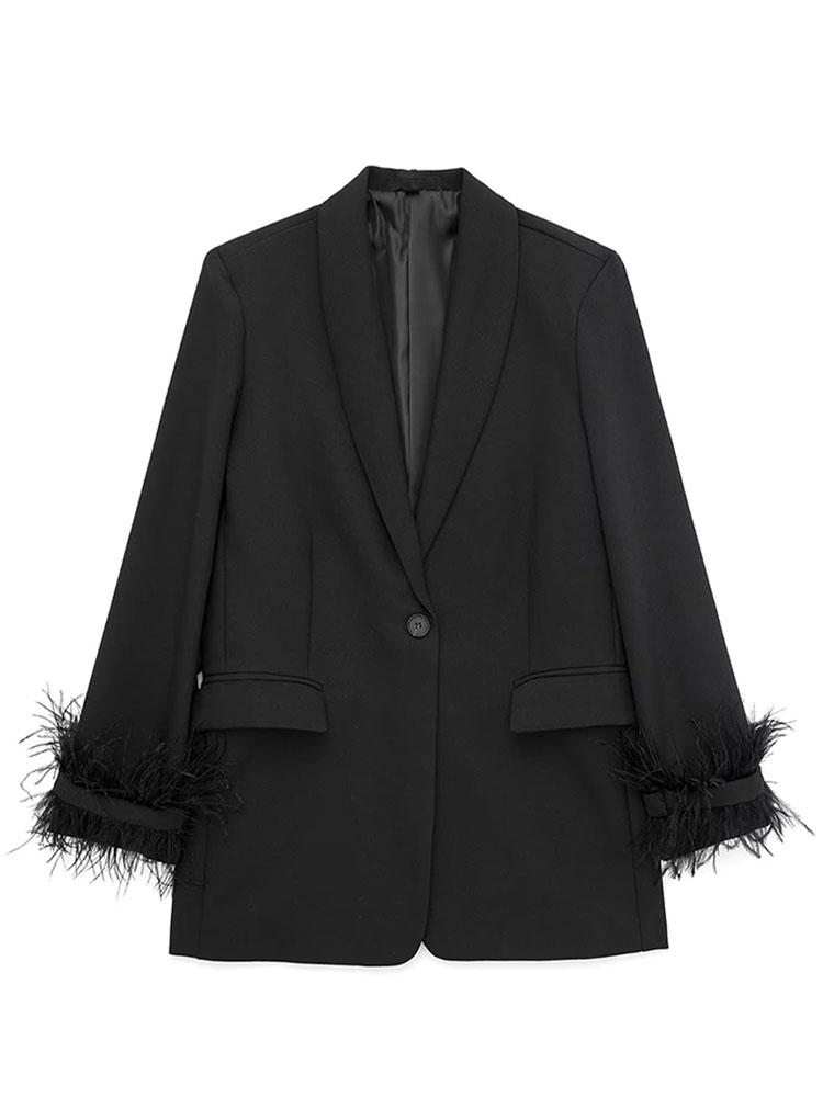 

Элегантный пиджак с перьями для женщин, модный пиджак на одной пуговице, женский весенний уличный свободный шикарный пиджак S чёрный