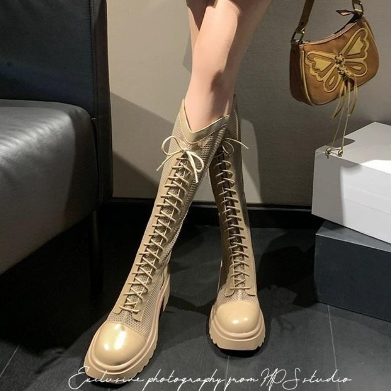 Fashion Summer Women Hollowed Out Boots Fashion Knee-high Boots Mesh Breathable Cool Boots for Women Lace Up Platform Boot Knight Botas