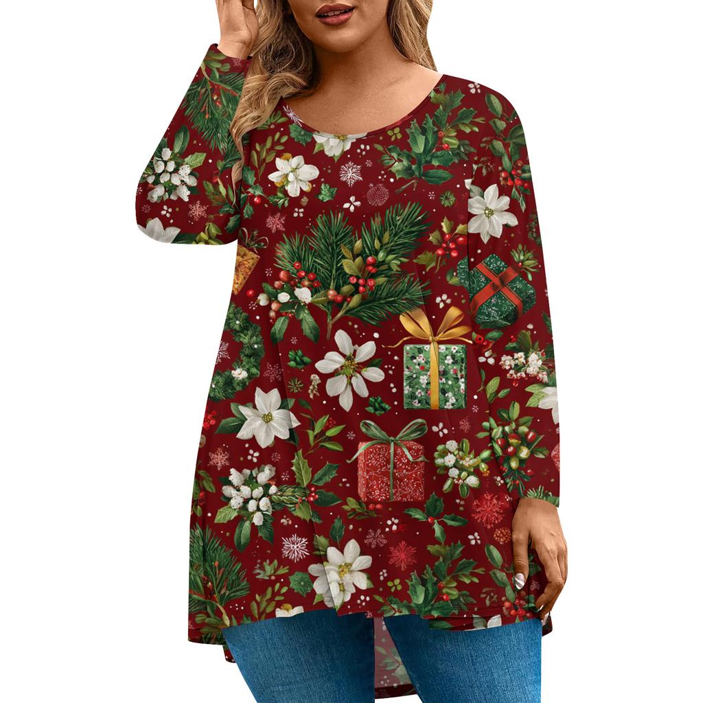 Women's Fashionable Casual Long Sleeved Plus Size  Print Top Plus Size Floral Print Top