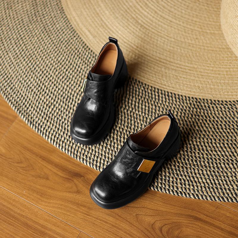 7CM Spring New Round Head Thick-soled Leather Single Shoes~ 2025 Waterproof Table Metal Buckle Deep Mouth Single Shoes High Heels