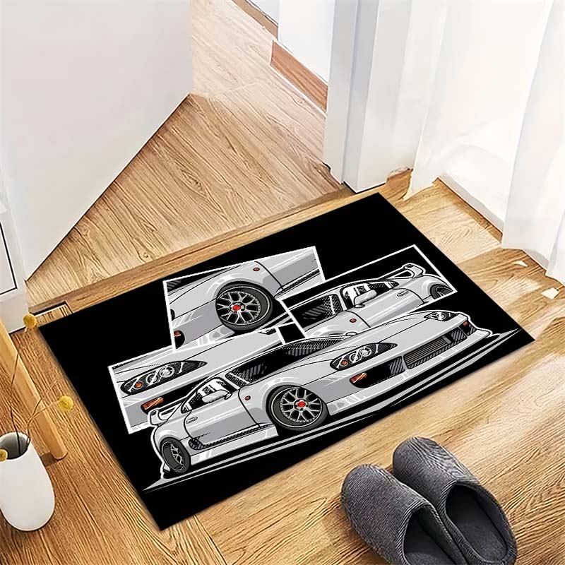 White JDM Sport Car Comic Collage Print Area Rug Non‑Slip Rectangular Floor Mat Car Fan Decor for Gaming Room Living Bedroom