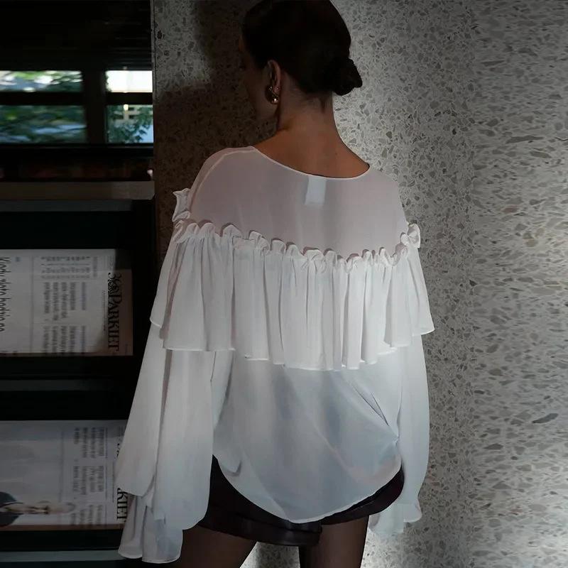 2026 New V-neck Chiffon Blouse Sexy Sheer Beach Cover-up Long Sleeve Sexy Hot Girl Top