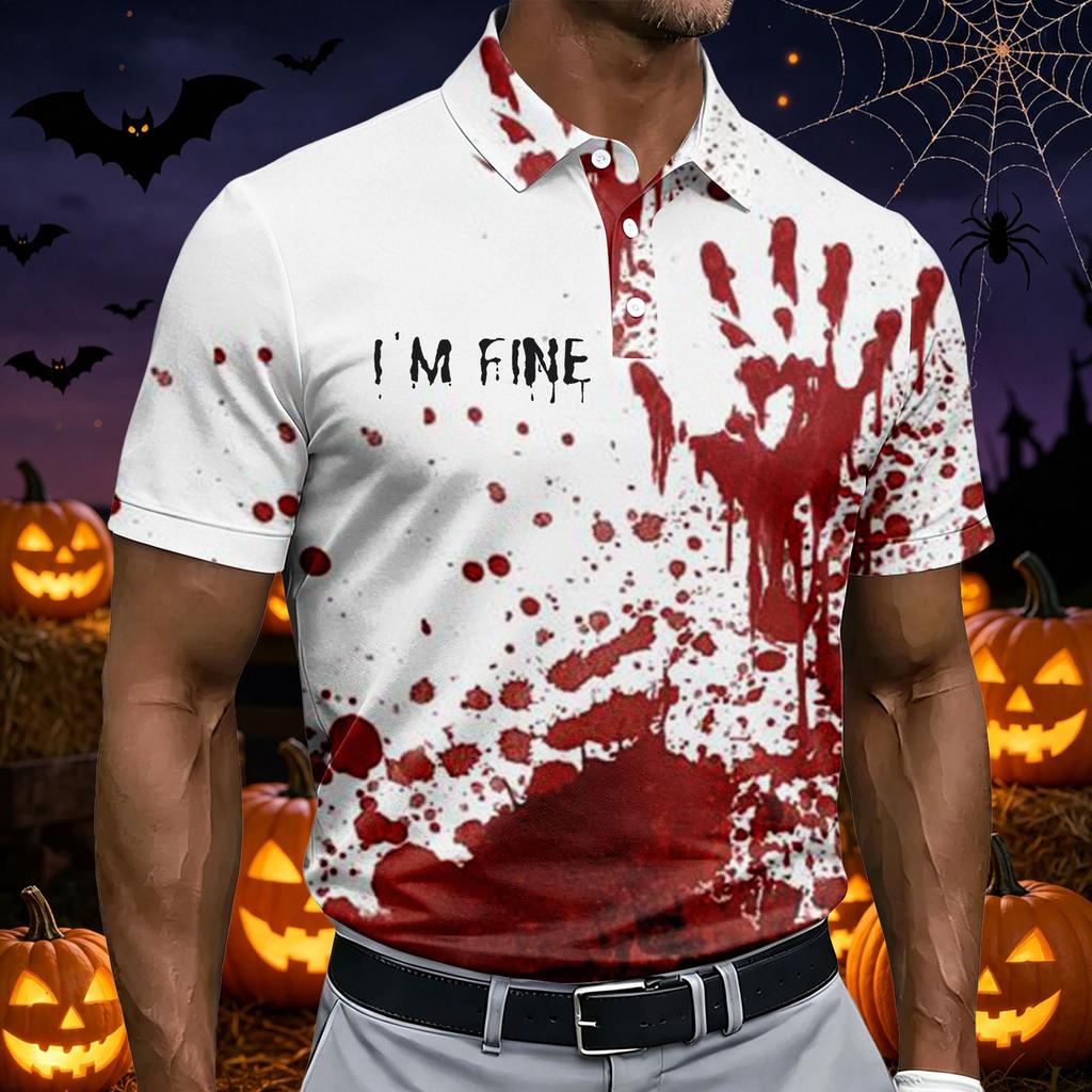 Men's Short Sleeve Casual Polo Shirt Halloween Print Breathable Lightweight Summer Shirt with Button Collar and Relaxed Fit