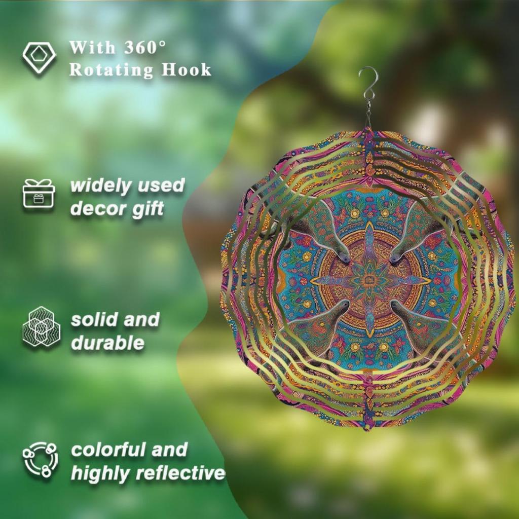 10 tum Färgsprakande Metallvindspel med 360 Graders Roterande Krok Mandaladesign för Utomhus Trädgård Balkong Vår Sommardekor