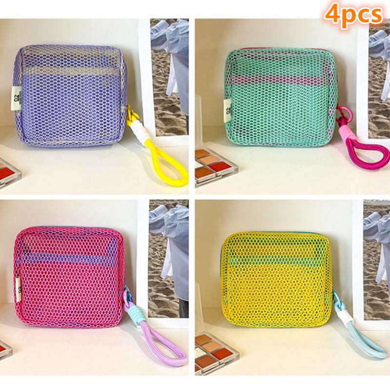 4Pcs Small Mesh Beach Pouch Clear Cosmetic Bag With Detachable Wrist Strap Travel Organizer For Sunscreen Keys Cables
