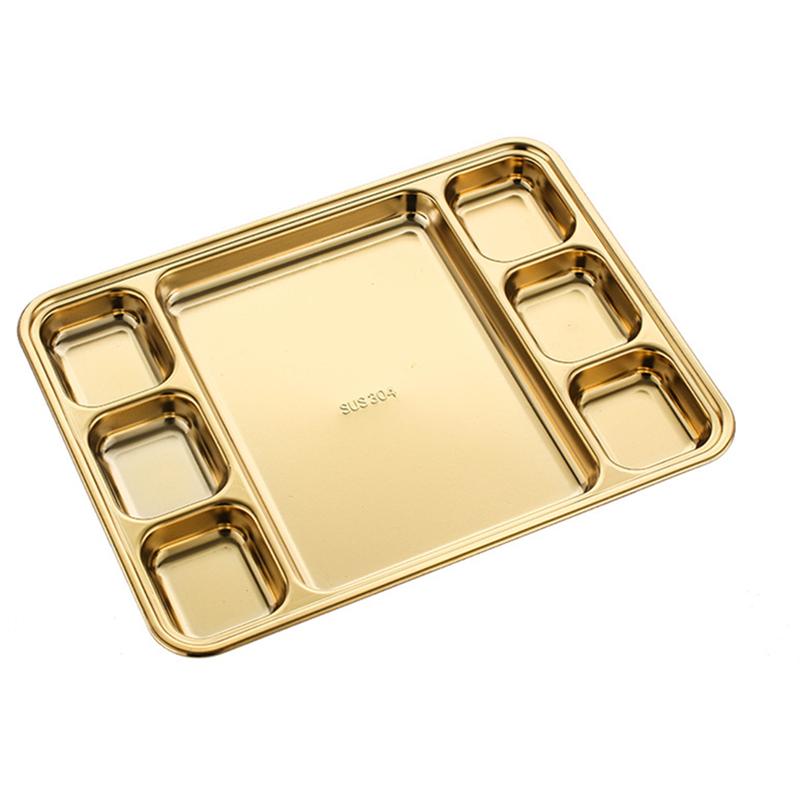 Gold Compartment Dining Plate For Food Serving Trays Stainless Steel Divided Dishes Kitchen Tableware Organization Container
