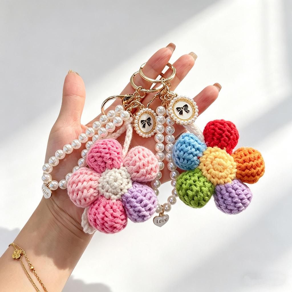 Handmade Crochet Flower Keychain Set, Colorful Knit Flower Bag Charm with Pearl Strap,Crochet Flower Keychain, Pearl Strap Charm