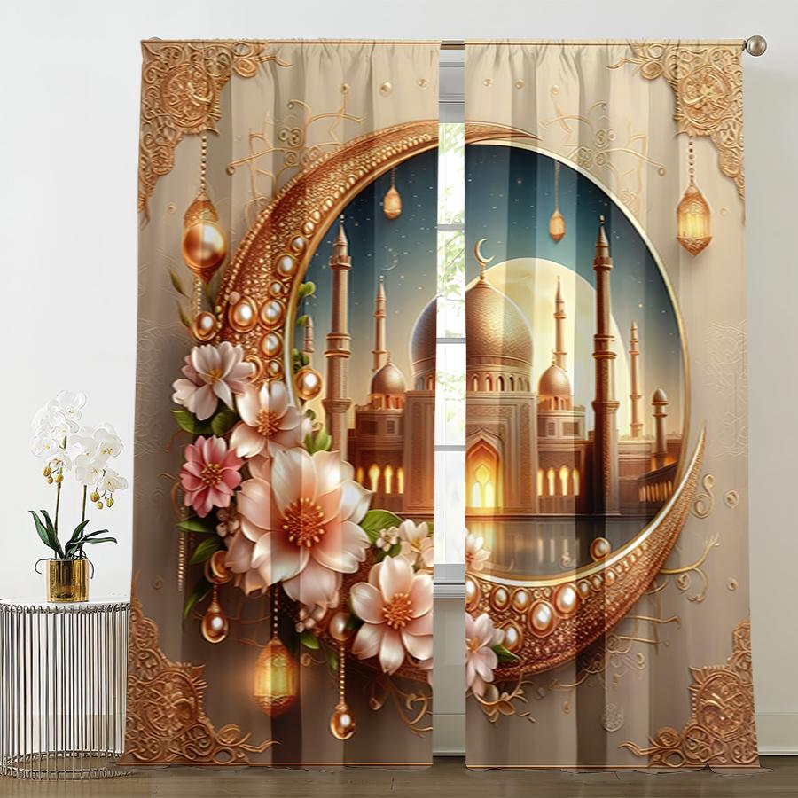 

Gilded Islamic Architectural Decorative Curtains Style Bedroom Living Room Drawbar Pocket Curtain Set Of 2 Elegant Made Polyester Washable Ready W100*H70(CM)-Grommet top&2PCS