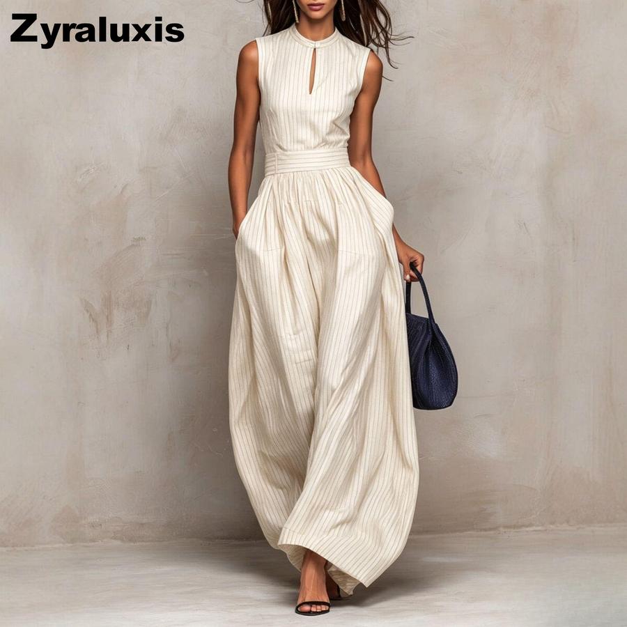 Tuta da Donna Senza Maniche a Righe Blu Scuro Wind, Vita Larga, Gamba Larga, Stile Lungo Elegante Moda