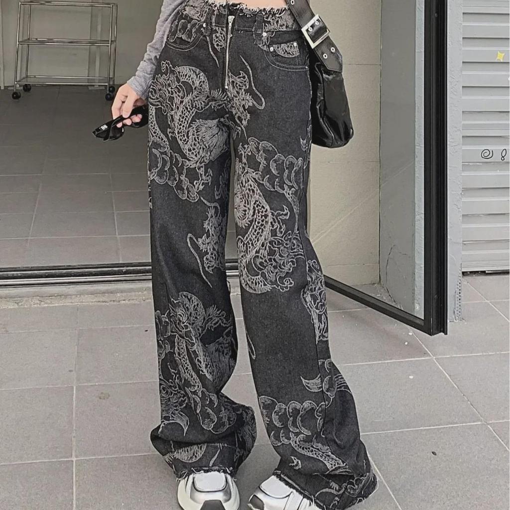 Dámské džíny s vysokým pasem a širokými nohavicemi s dračím potiskem