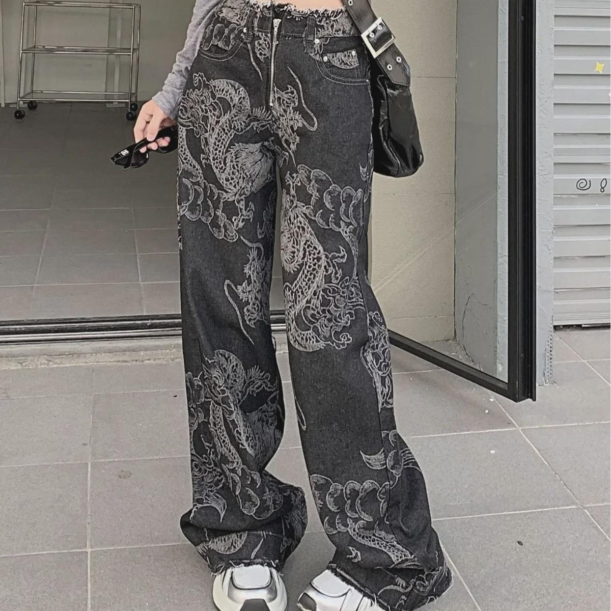 

Women s High-Waist Wide-Leg Dragon Print Jeans Medium чорний