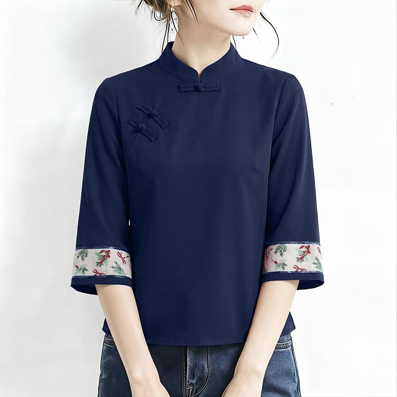 ZANZEA Women Print Splice 3/4 Sleeve Casual Stand Collar Loose Blouse