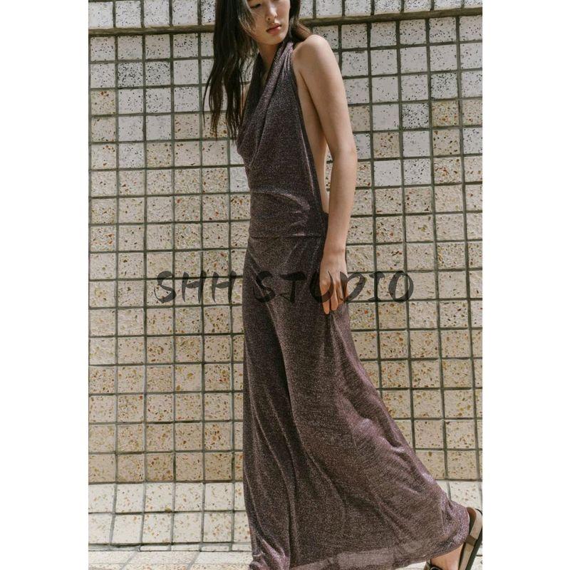 Autumn New Women clothes Hanging Collar Bowknot Decoration Backless Metal Color Thread Long Dress 2180237