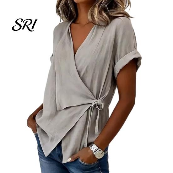 Seitenbindebluse Damen Oberteile V-Ausschnitt Kurzarm Einfarbige Bluse mit Sommer Unregelmäßiger Lockere Passform T-Shirt Tägliches Oberteil